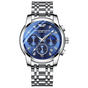 Men's luminous quartz watch with calendar, day, date, and moon phase display.