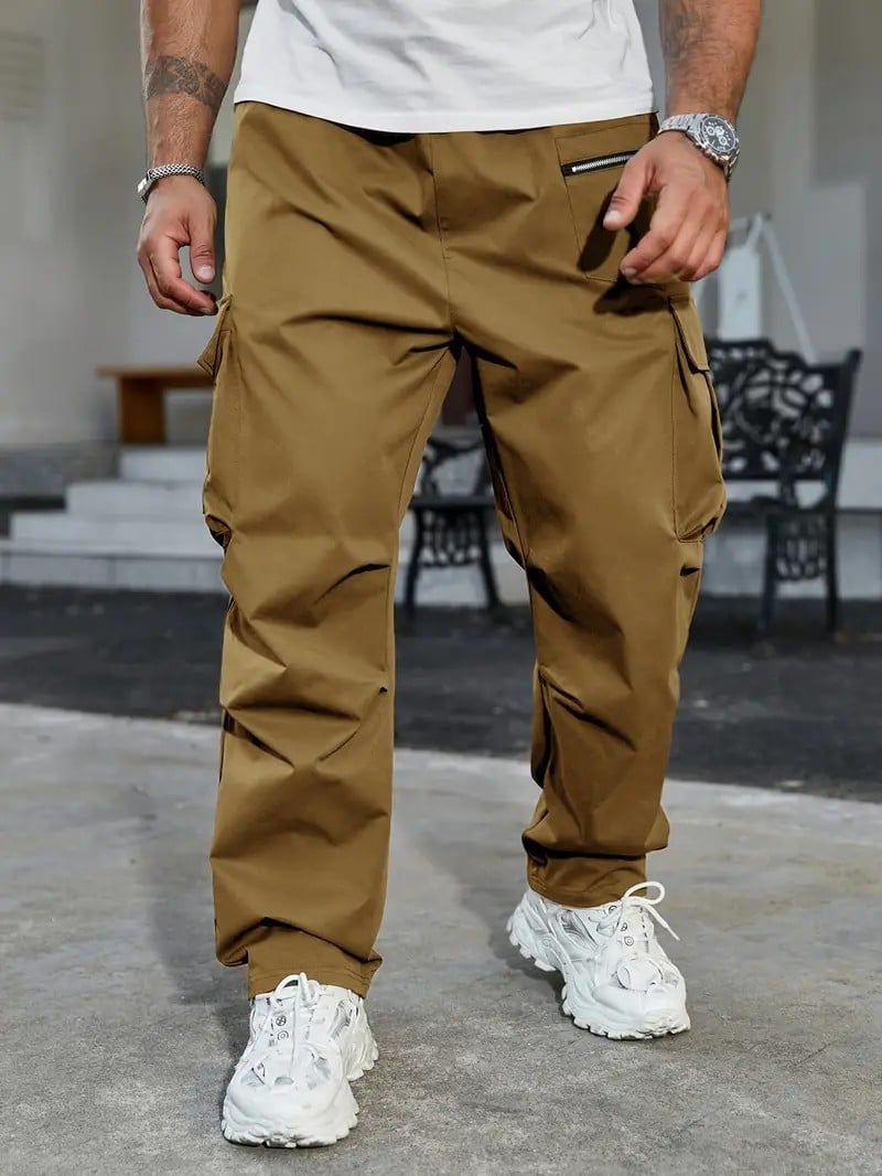 Men's Drawstring Cargo Pants ➰ Relaxed Fit Streetwear🔥Multi-Pocket Casual Trousers 🚶 Zipper Detail Straight Bottoms