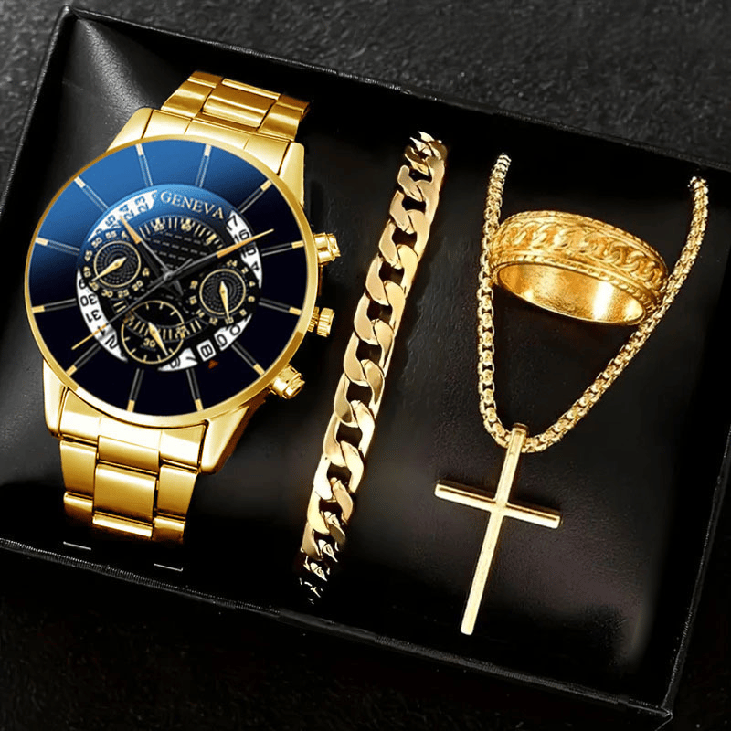 Luxury Men's Watch Gift Set with Glass Case and Quartz Movement
