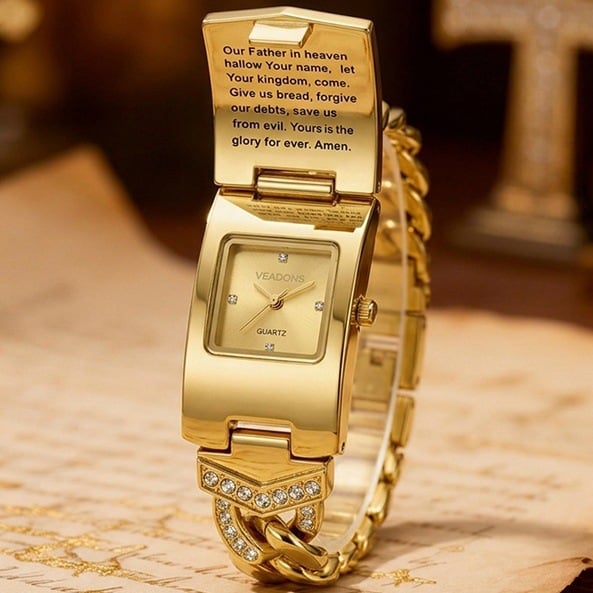 Women's Diamond-Set Cross-Shaped Flap-Style Gold Water-Resistant Wristwatch