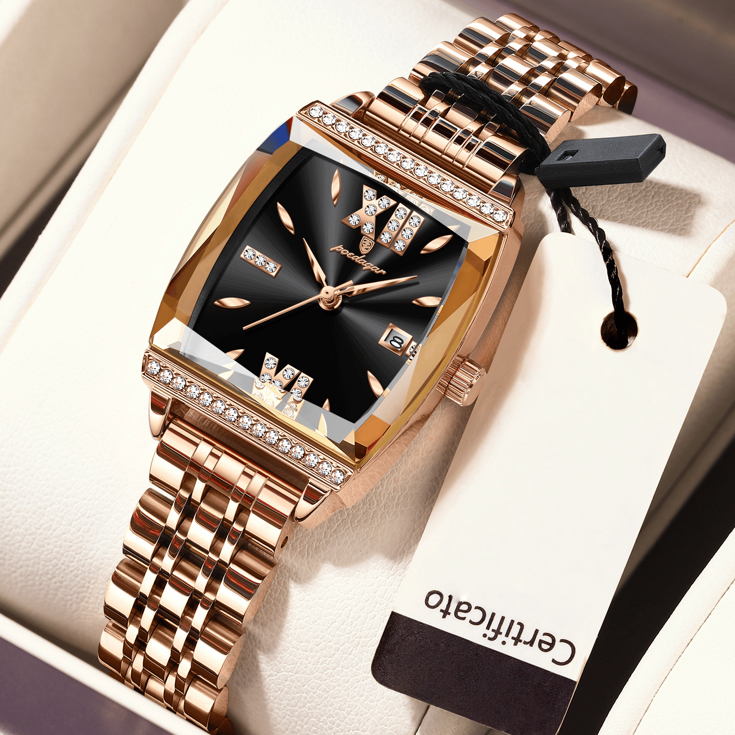 Diamond-set square ladies' water-resistant watch