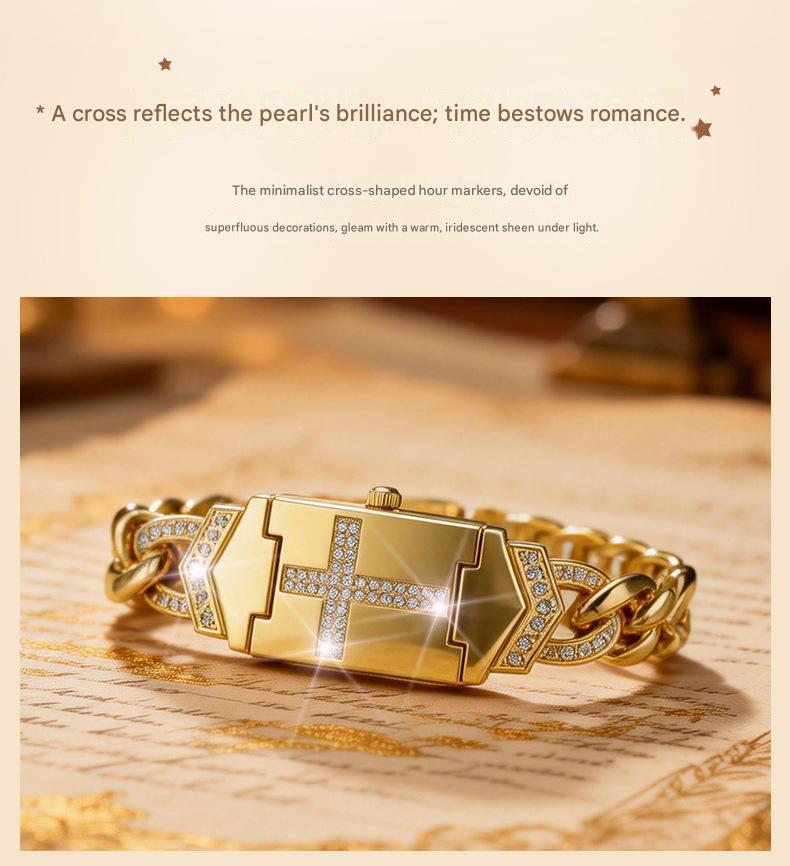 Women's Diamond-Set Cross-Shaped Flap-Style Gold Water-Resistant Wristwatch