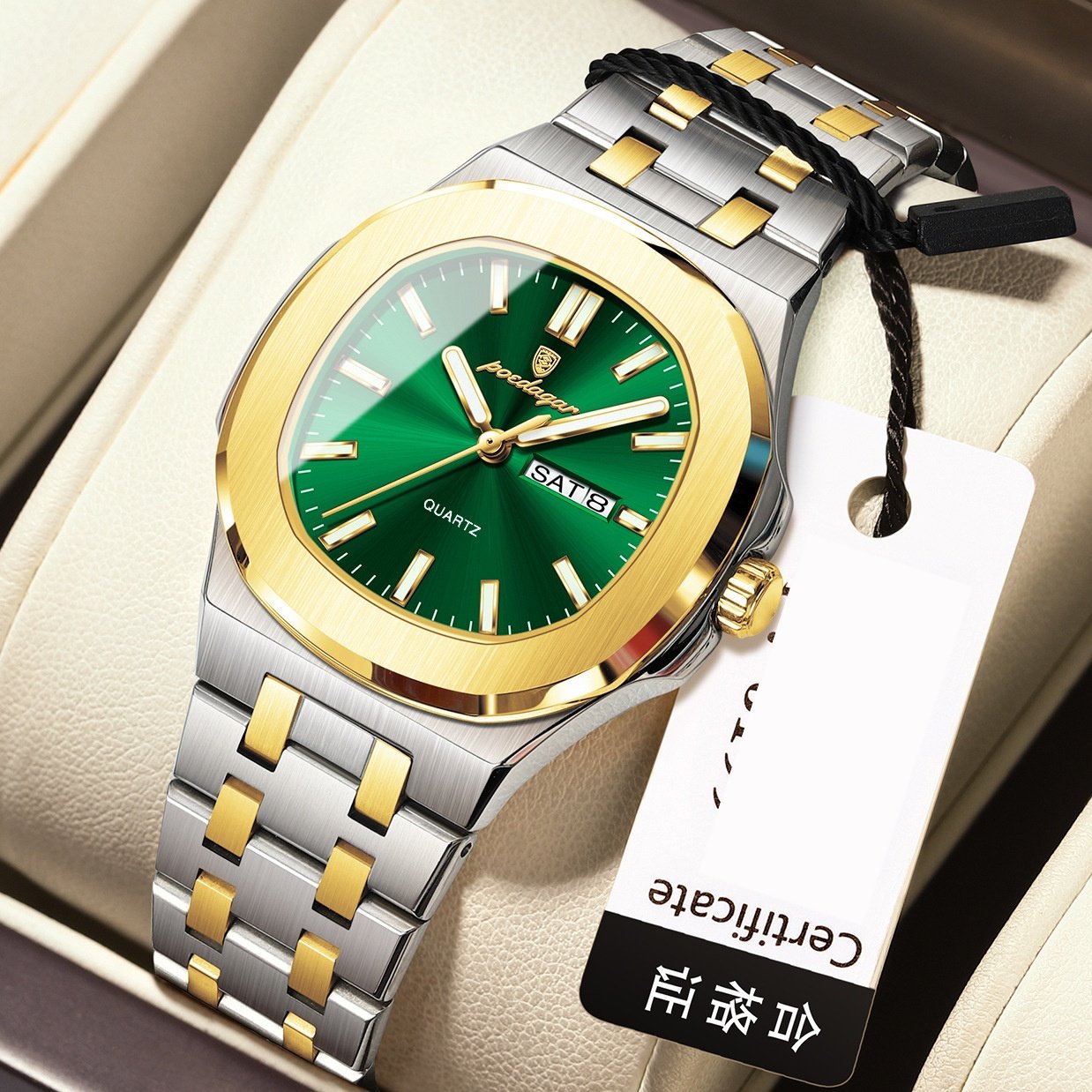 Square Quartz Watch with Water Resistance and Luminous Feature