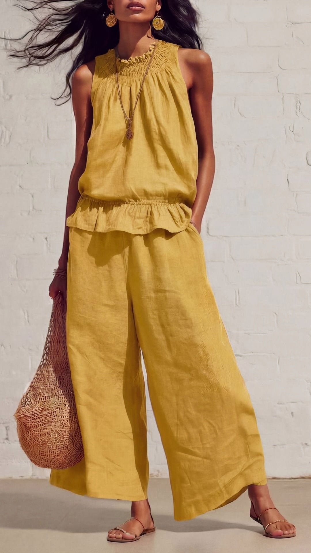 🌾 THE COTTON LINEN BOHO DUO: RUFFLED TOP + WIDE LEG PANTS — YOUR MOST COMFORTABLE SUMMER SET 🌾