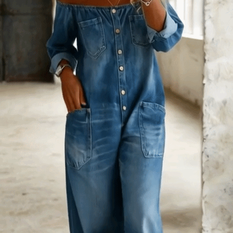 🤠 THE OFF-SHOULDER DENIM JUMPSUIT: VINTAGE WASH, RELAXED FIT, POCKETS FOR DAYS — YOUR NEW ONE-AND-DONE OUTFIT 🤠