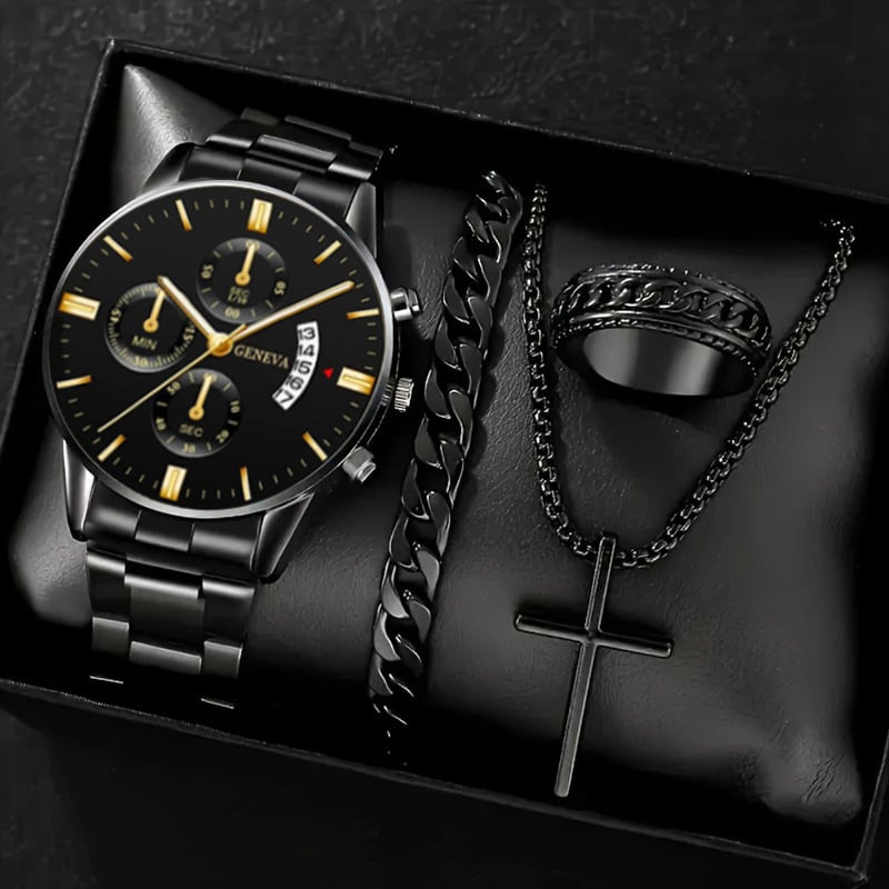 Luxury Men's Watch Gift Set with Glass Case and Quartz Movement