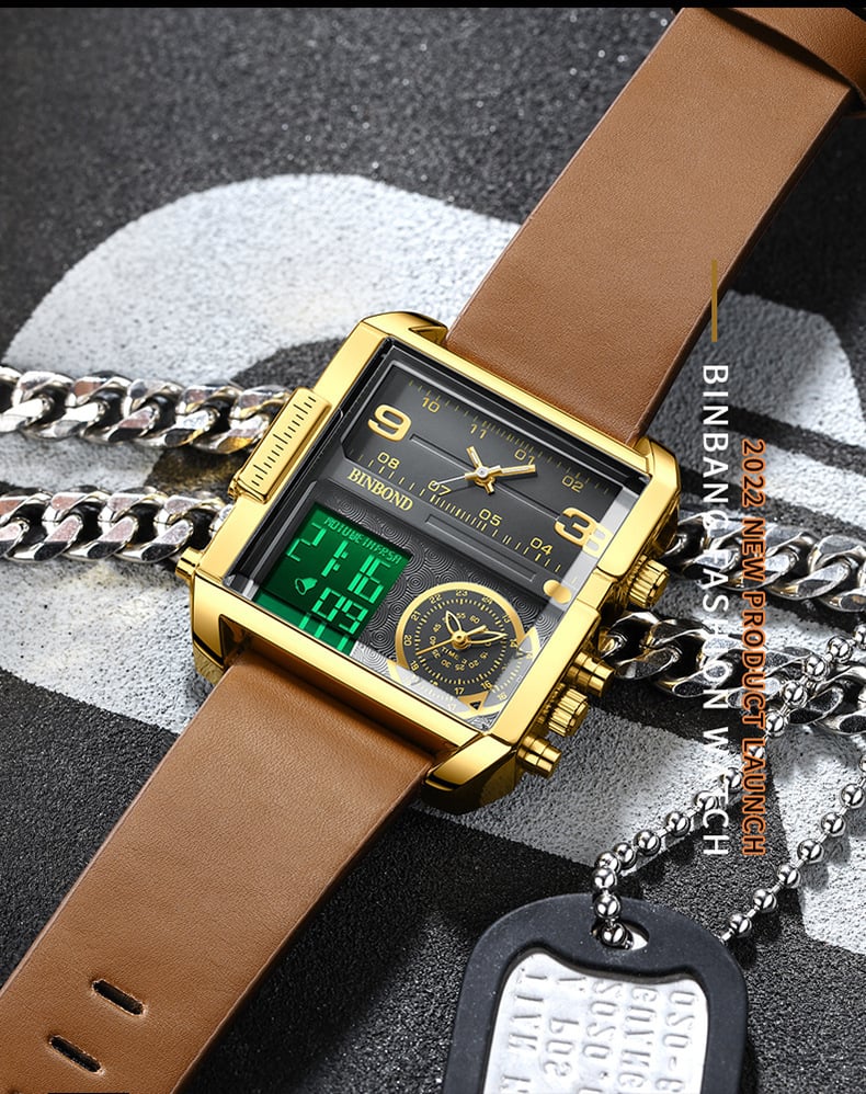 Men's Square Large-Dial Triple-Hand Quartz Watch