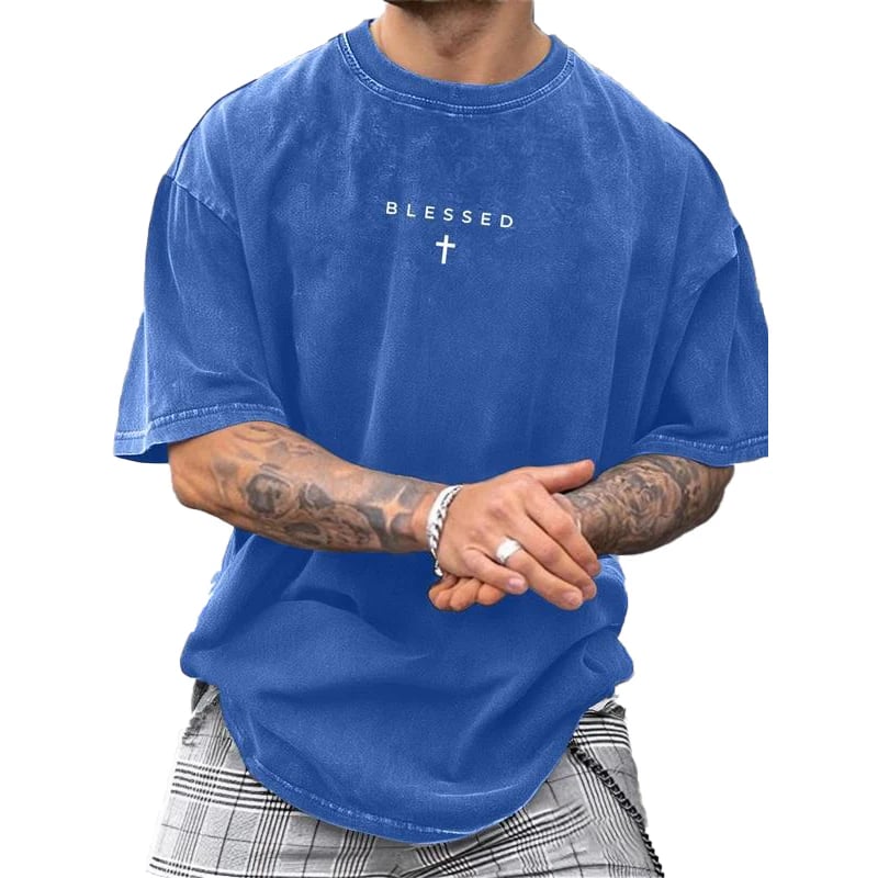 ✝️ Men's Vintage T-Shirt with Cross & Letter Print – Soft Cotton, Relaxed Fit & Perfect for a Classic Casual Look