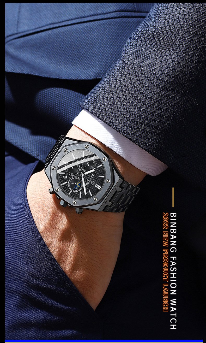 Three-Dial, Six-Hand Multifunction Moon Phase Men's Steel-Strap Watch