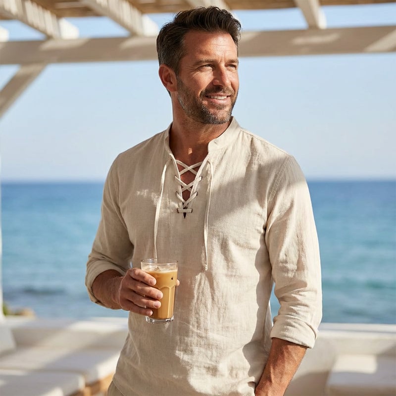 Men's Casual Drawstring Linen Shirt - Lightweight Breathable Long-Sleeve Design for Daily Wear & Vacation