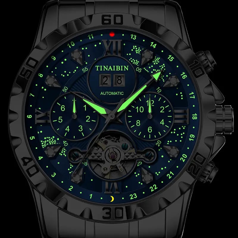 Luxury diamond-encrusted men's mechanical watch with Swiss-made movement, dual calendar, luminous and waterproof.