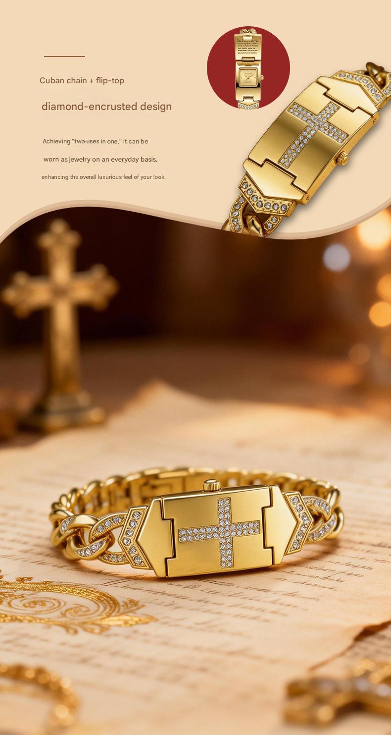 Women's Diamond-Set Cross-Shaped Flap-Style Gold Water-Resistant Wristwatch