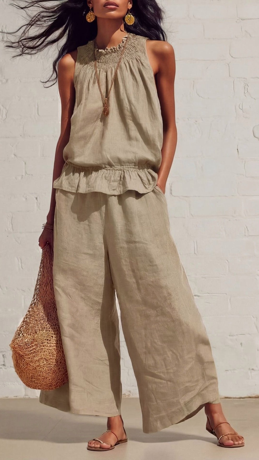 🌾 THE COTTON LINEN BOHO DUO: RUFFLED TOP + WIDE LEG PANTS — YOUR MOST COMFORTABLE SUMMER SET 🌾