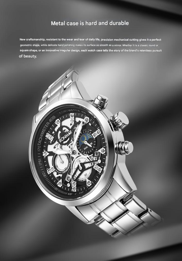 Men's Water-Resistant Stainless Steel Strap Quartz Watch with Three-Hand Dial