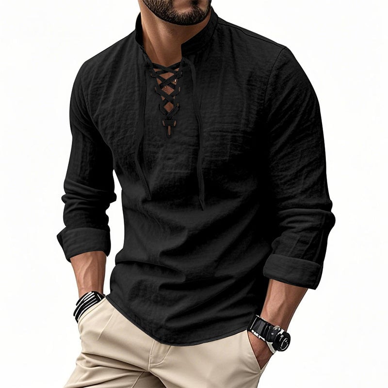 Men's Casual Drawstring Linen Shirt - Lightweight Breathable Long-Sleeve Design for Daily Wear & Vacation