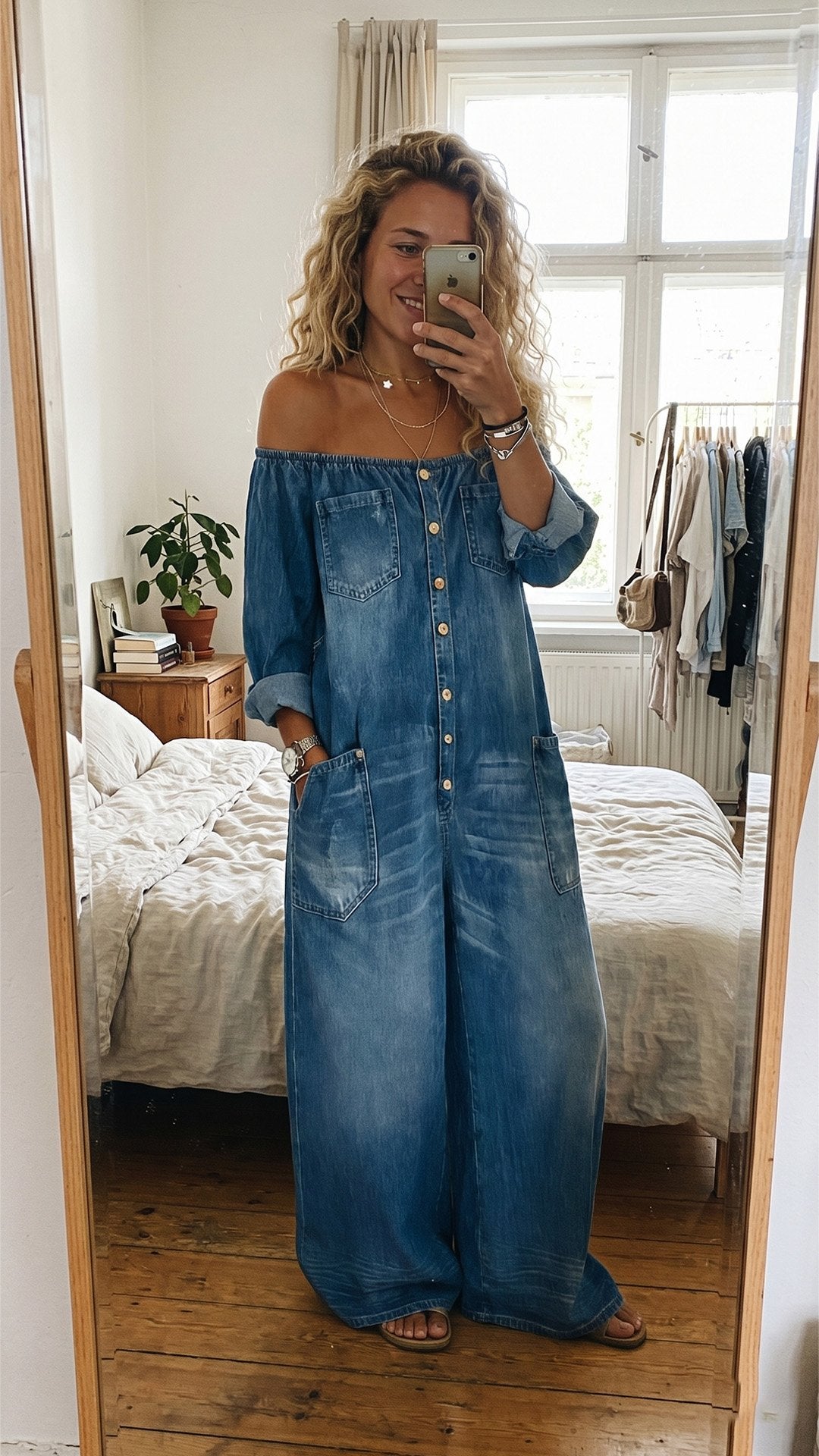 🤠 THE OFF-SHOULDER DENIM JUMPSUIT: VINTAGE WASH, RELAXED FIT, POCKETS FOR DAYS — YOUR NEW ONE-AND-DONE OUTFIT 🤠