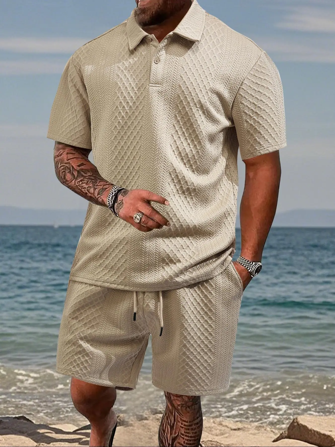 Men's Two-Piece Summer Outfit: Solid Polo & Drawstring Shorts, Cozy Breathable for Daily Wear---Buy 2 Get 15% Off & Free Shipping