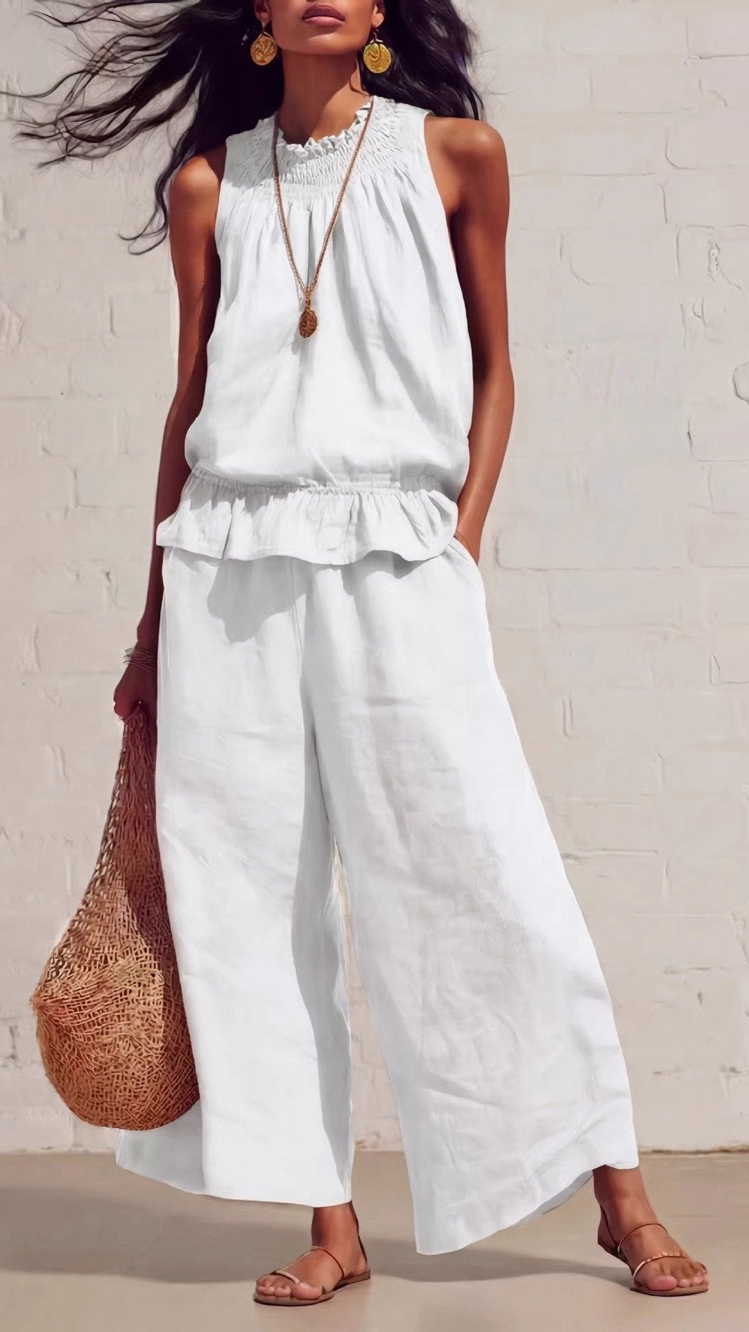 🌾 THE COTTON LINEN BOHO DUO: RUFFLED TOP + WIDE LEG PANTS — YOUR MOST COMFORTABLE SUMMER SET 🌾