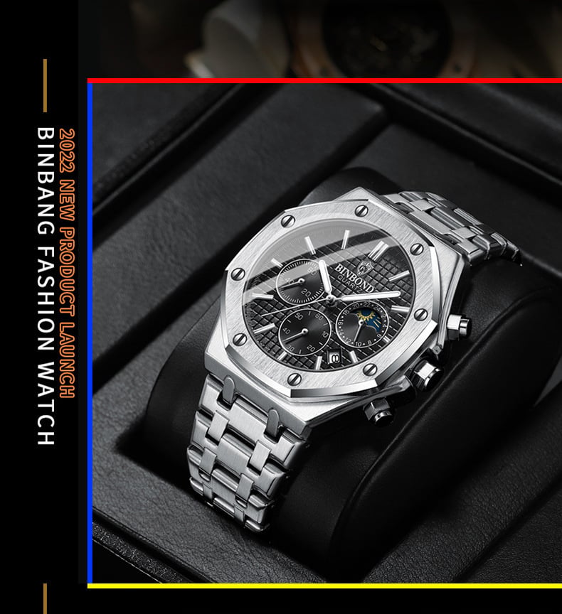 Three-Dial, Six-Hand Multifunction Moon Phase Men's Steel-Strap Watch