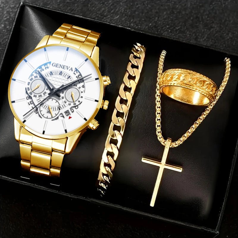 Luxury Men's Watch Gift Set with Glass Case and Quartz Movement