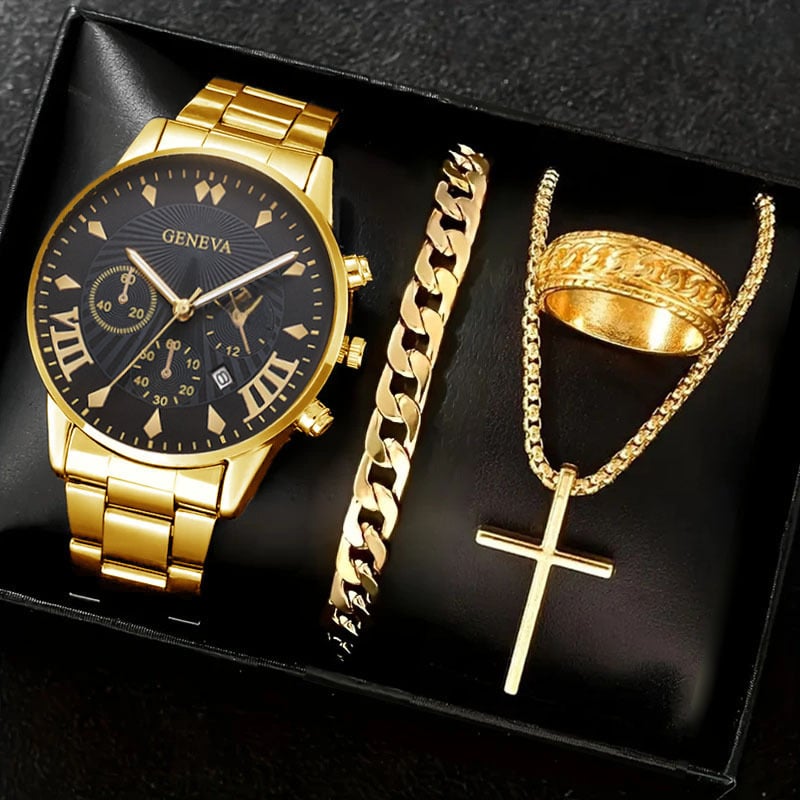 Luxury Men's Watch Gift Set with Glass Case and Quartz Movement