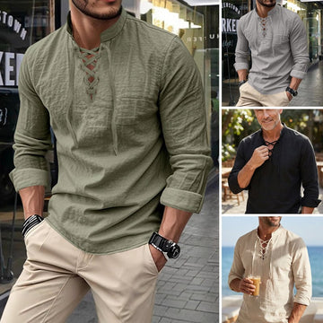 Men's Casual Drawstring Linen Shirt - Lightweight Breathable Long-Sleeve Design for Daily Wear & Vacation