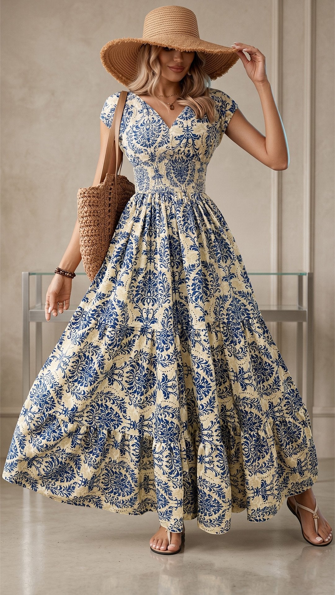 🌸 THE BOHEMIAN BLOOM MAXI: V-NECK, SHIRRED WAIST, ALL-OVER PRINT — YOUR SUMMER HOLIDAY DREAM DRESS 🌸