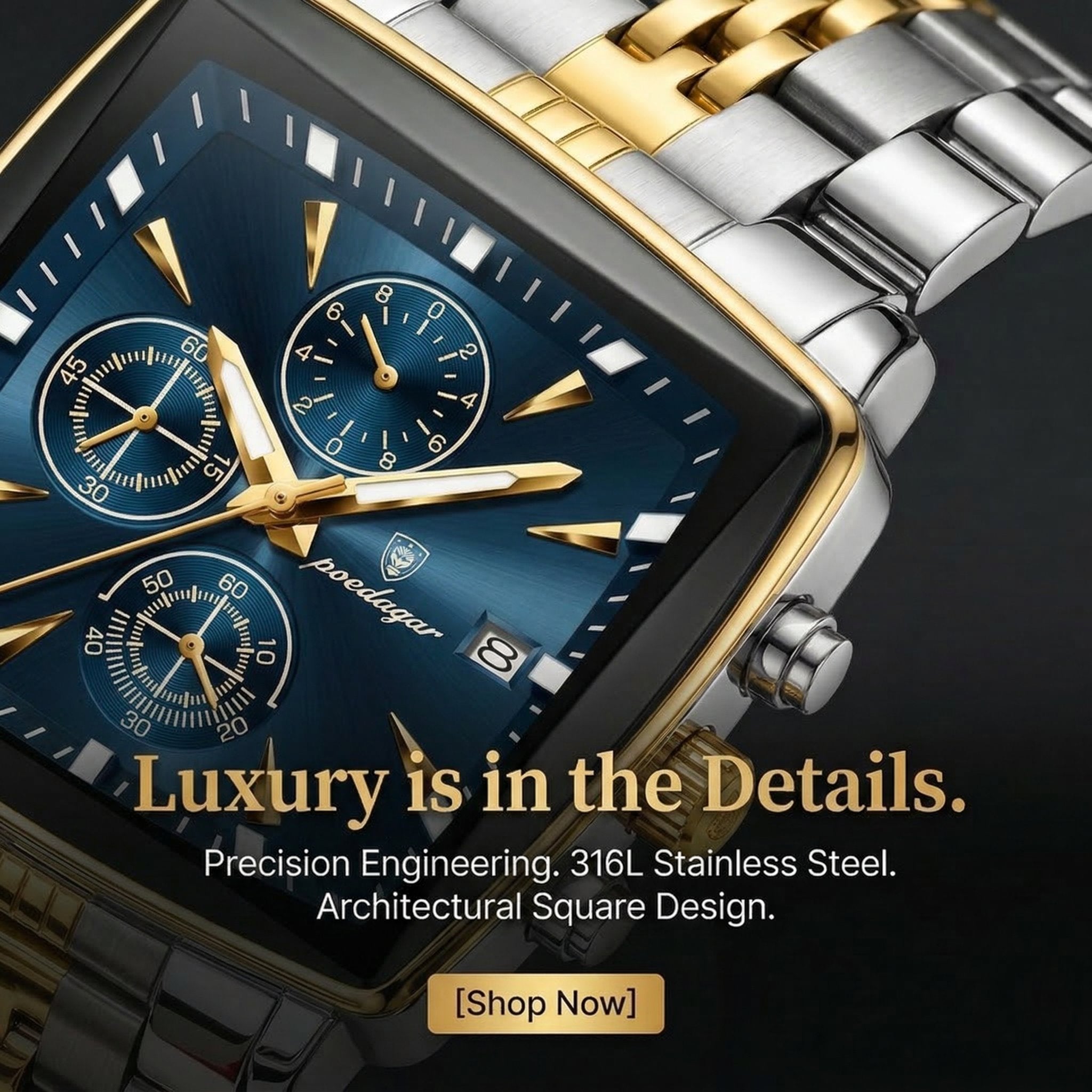 Men's Multifunctional Square Business Steel Band Quartz Watch