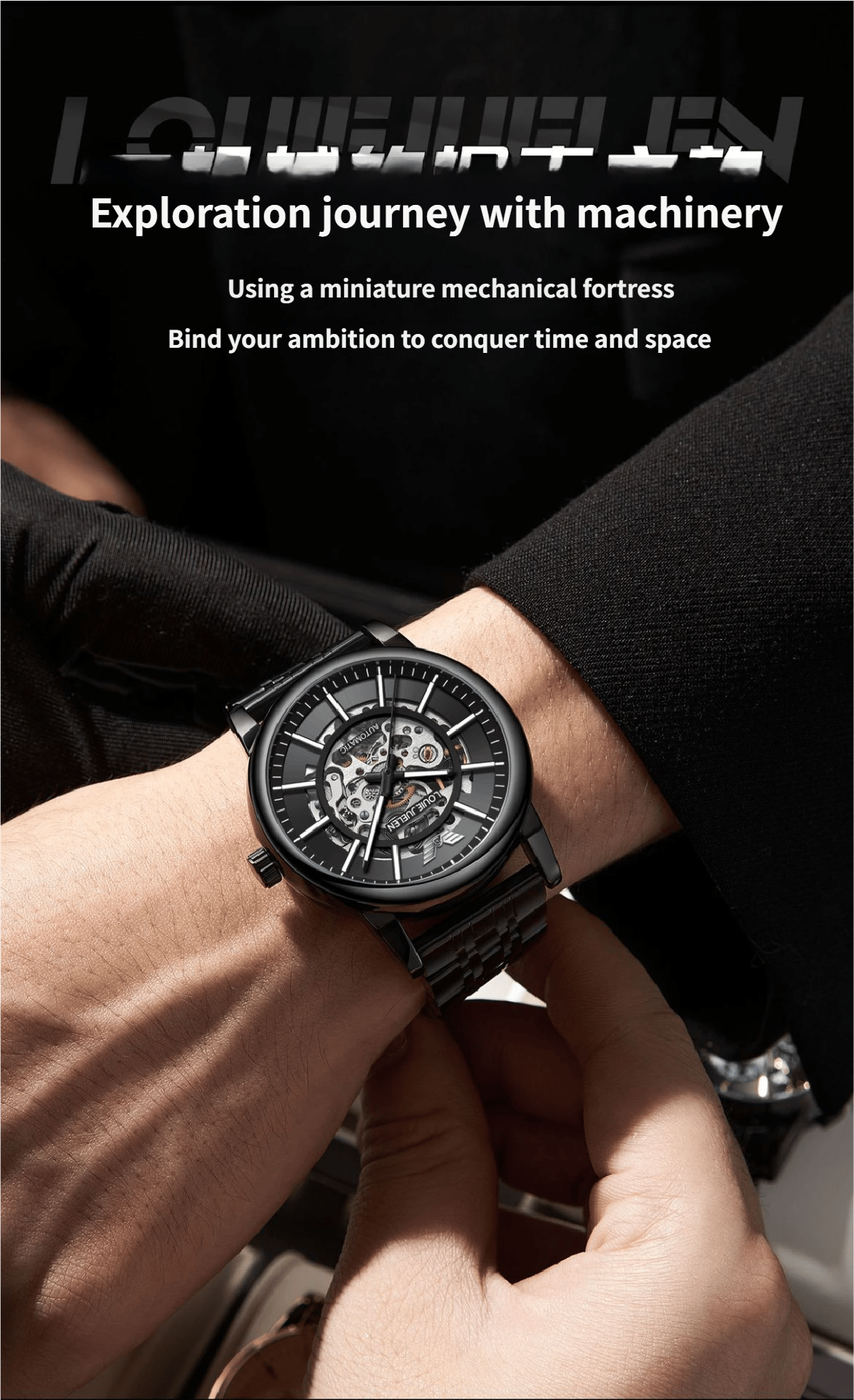 Men's Steel Strap Mechanical Watch with Skeletonised Movement and Luminescent Features