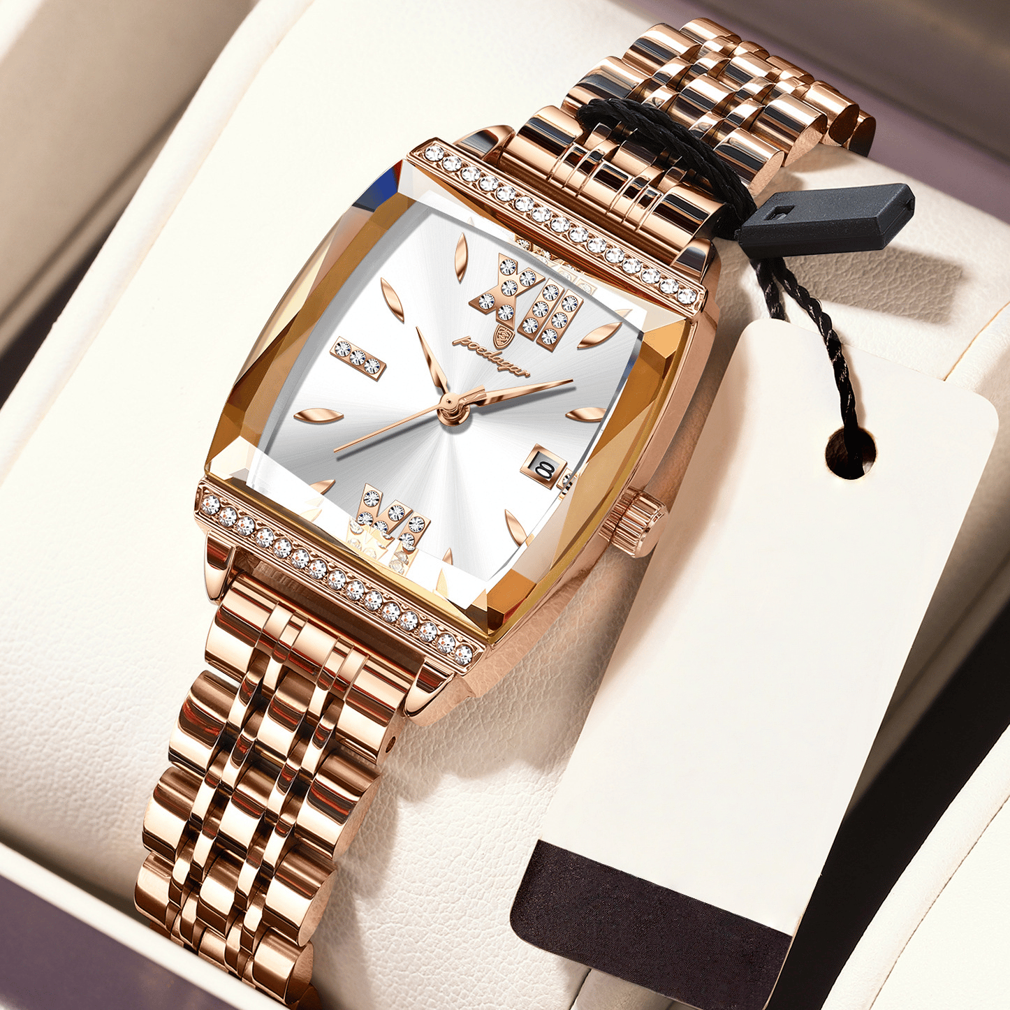 Diamond-set square ladies' water-resistant watch