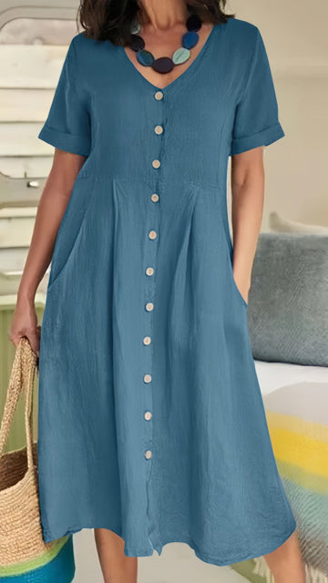 🌿 THE LINEN BUTTON MIDI: V-NECK, POCKETS, RELAXED FIT— NOW IN PLUS SIZE S-5XL! ✨
