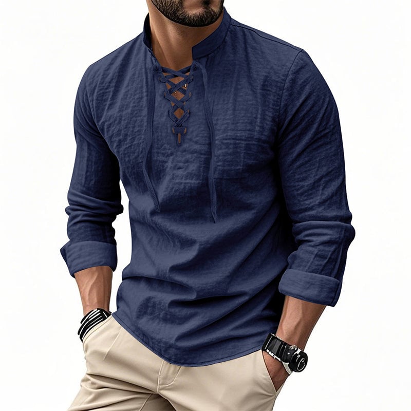 Men's Casual Drawstring Linen Shirt - Lightweight Breathable Long-Sleeve Design for Daily Wear & Vacation