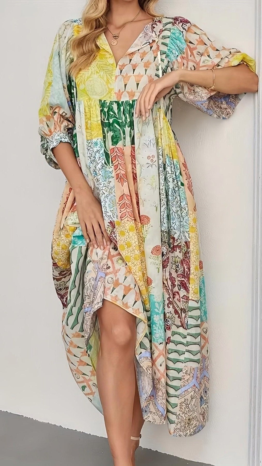 🌸 THE BOHO PATCHWORK MAXI: BALLOON SLEEVES, HIGH WAIST, PLUS-SIZE PERFECT — YOUR HOLIDAY WARDROBE HERO 🌸