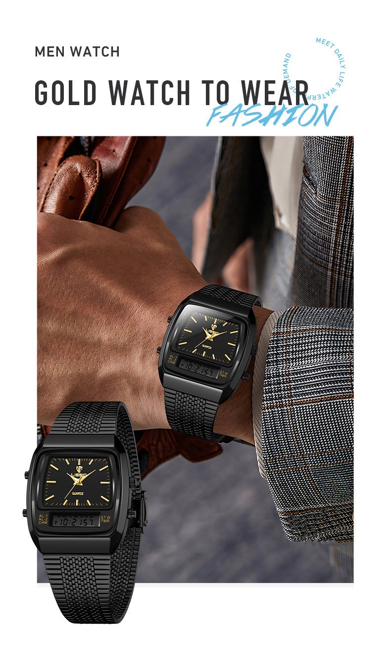 Men's Steel-Band Dual-Display Dual-Movement Quartz Electronic Watch