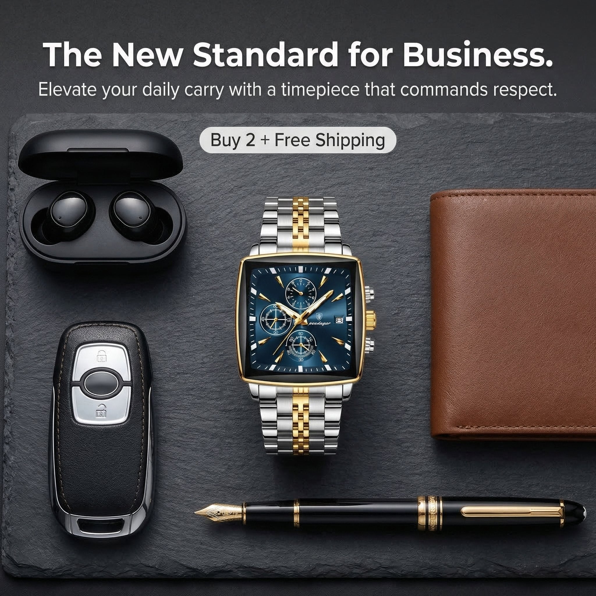 Men's Multifunctional Square Business Steel Band Quartz Watch