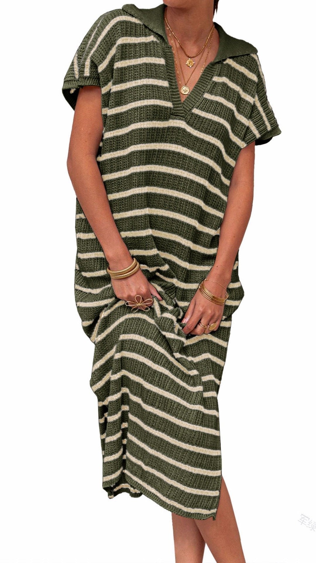 🌊 THE STRIPED KNIT COLLAR MAXI: SHORT SLEEVES, V-NECK, SIDE SLITS — EFFORTLESS SUMMER STYLE 🌊