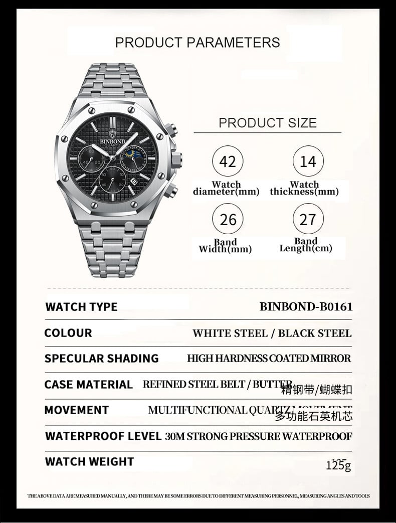 Three-Dial, Six-Hand Multifunction Moon Phase Men's Steel-Strap Watch