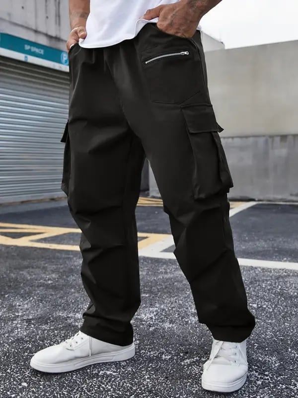 Men's Drawstring Cargo Pants ➰ Relaxed Fit Streetwear🔥Multi-Pocket Casual Trousers 🚶 Zipper Detail Straight Bottoms