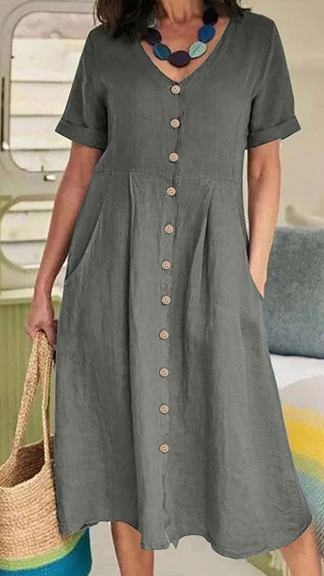 🌿 THE LINEN BUTTON MIDI: V-NECK, POCKETS, RELAXED FIT— NOW IN PLUS SIZE S-5XL! ✨