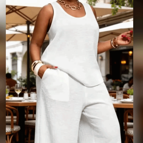 🌸 THE U-NECK PLUS SIZE DUO: SLEEVELESS TOP + WIDE LEG TROUSERS WITH POCKETS – YOUR NEW BUSINESS CASUAL & VACATION HERO 🌸