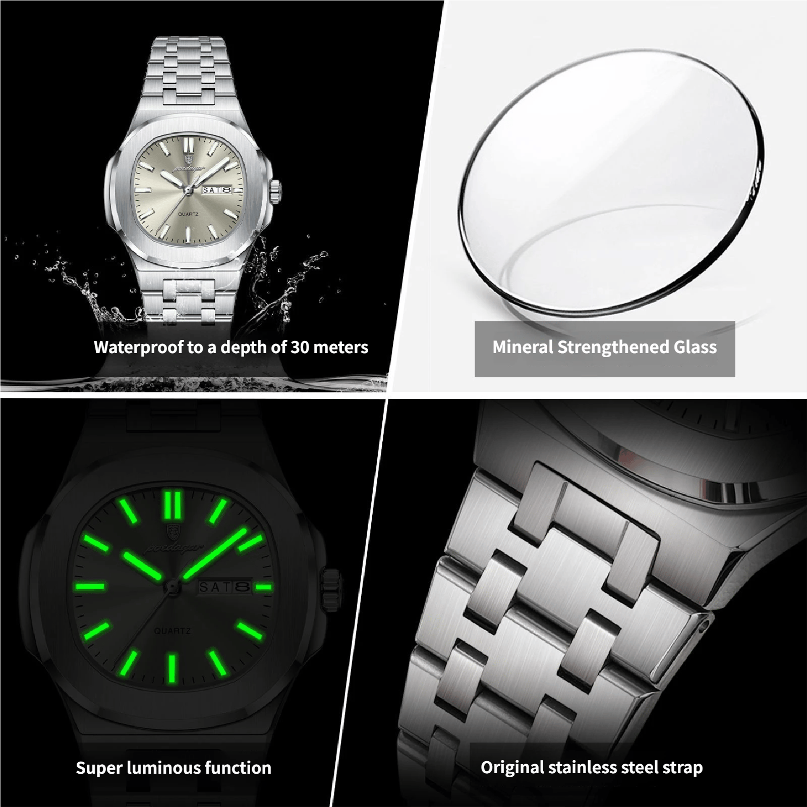 Square Quartz Watch with Water Resistance and Luminous Feature