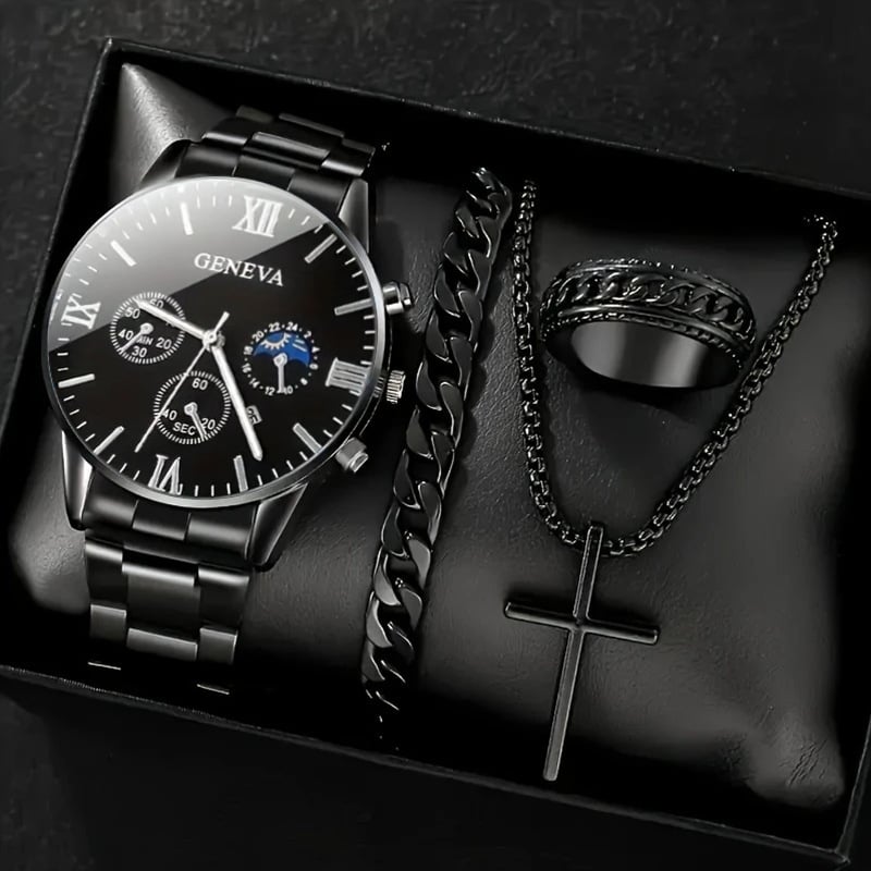 Luxury Men's Watch Gift Set with Glass Case and Quartz Movement
