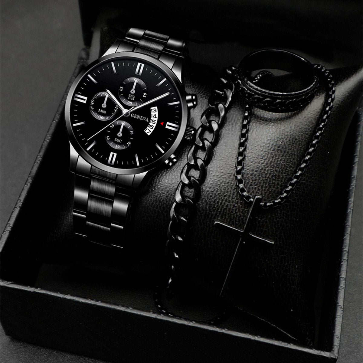 Luxury Men's Watch Gift Set with Glass Case and Quartz Movement