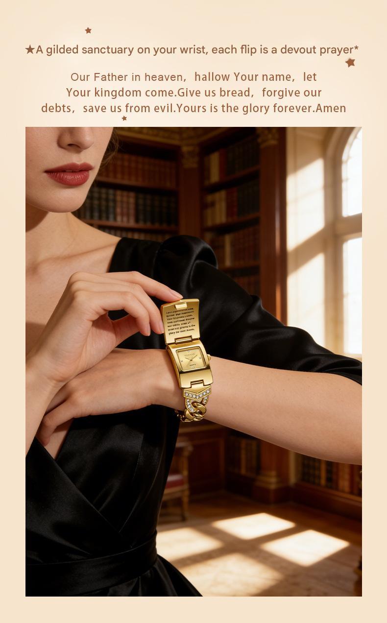 Women's Diamond-Set Cross-Shaped Flap-Style Gold Water-Resistant Wristwatch