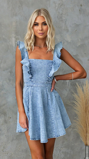 🌟 THE DENIM BABYDOLL MINI: RUFFLE STRAPS, BACKLESS, ADJUSTABLE — YOUR NEW SUMMER JEAN DRESS 🌟