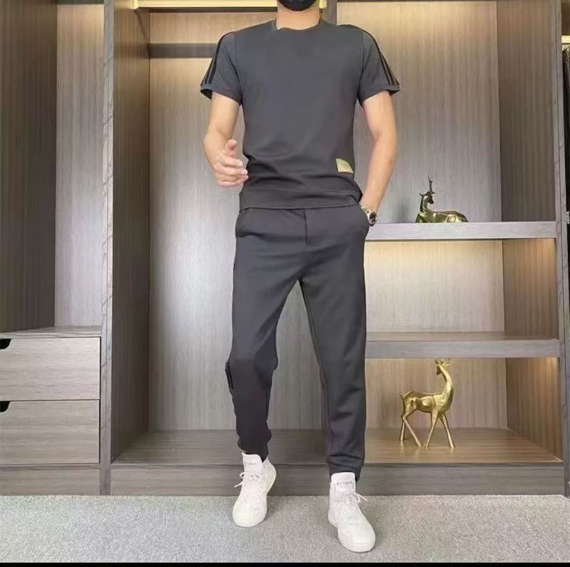 Men's High Stretch Short Sleeve Top & Jogging Pants 2-Piece Set