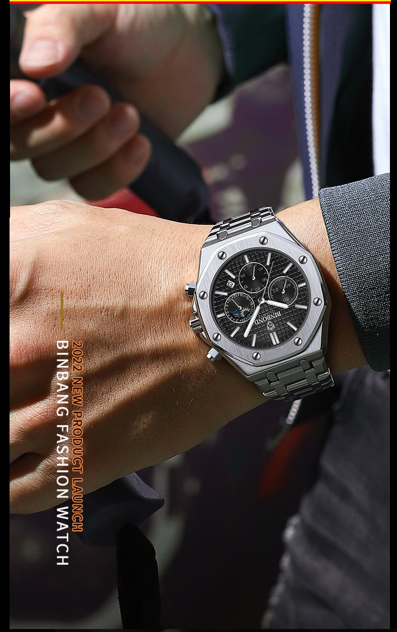Three-Dial, Six-Hand Multifunction Moon Phase Men's Steel-Strap Watch