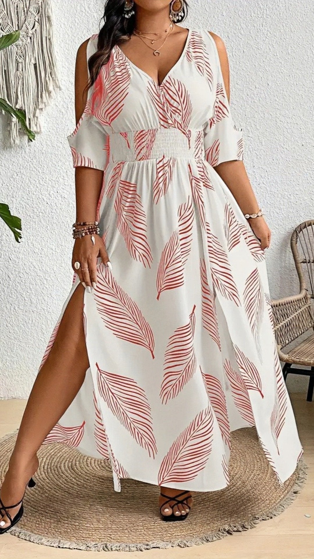 🌺 THE COLD SHOULDER MAXI: V-NECK, SIDE SPLIT, ALL-OVER PRINT — PLUS SIZE, PERFECTLY BOHO 🌺