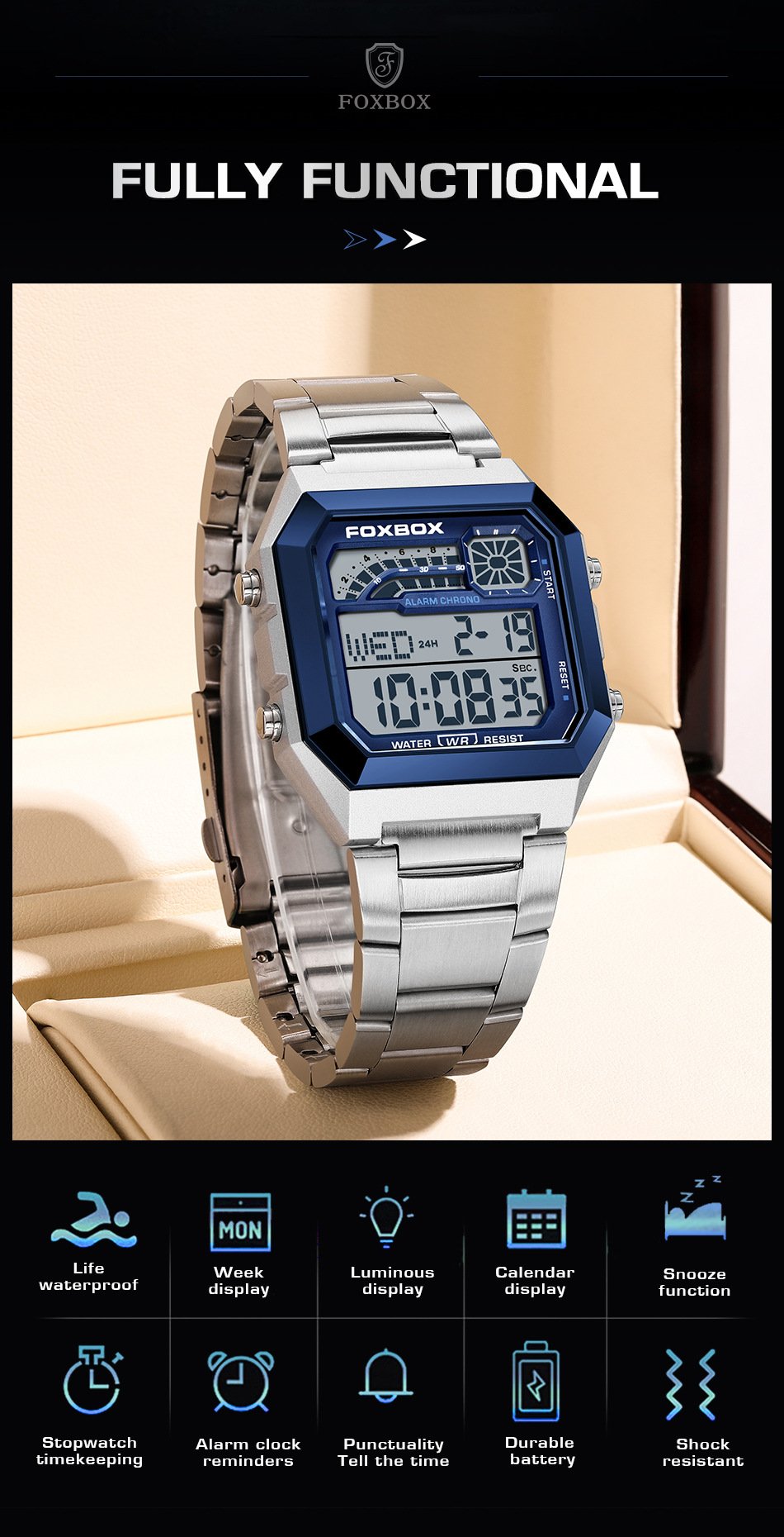 Square waterproof electronic watch for men and women