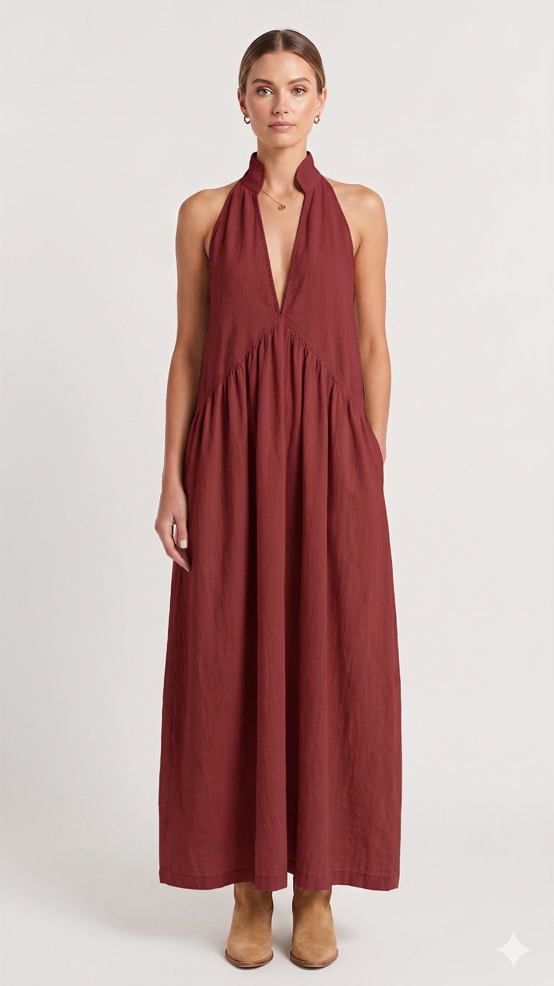 🕊️ THE HALTER SCULPT MAXI: HIGH NECK, DEEP V CUTOUT, HIDDEN POCKETS — YOUR MOST EFFORTLESS STATEMENT DRESS 🕊️